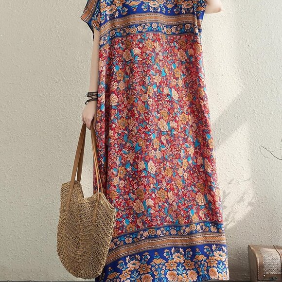 Plus Size Summer Floral Dress V Neck Loose Fit Pockets Casual Max Fashion - Picture 3 of 7